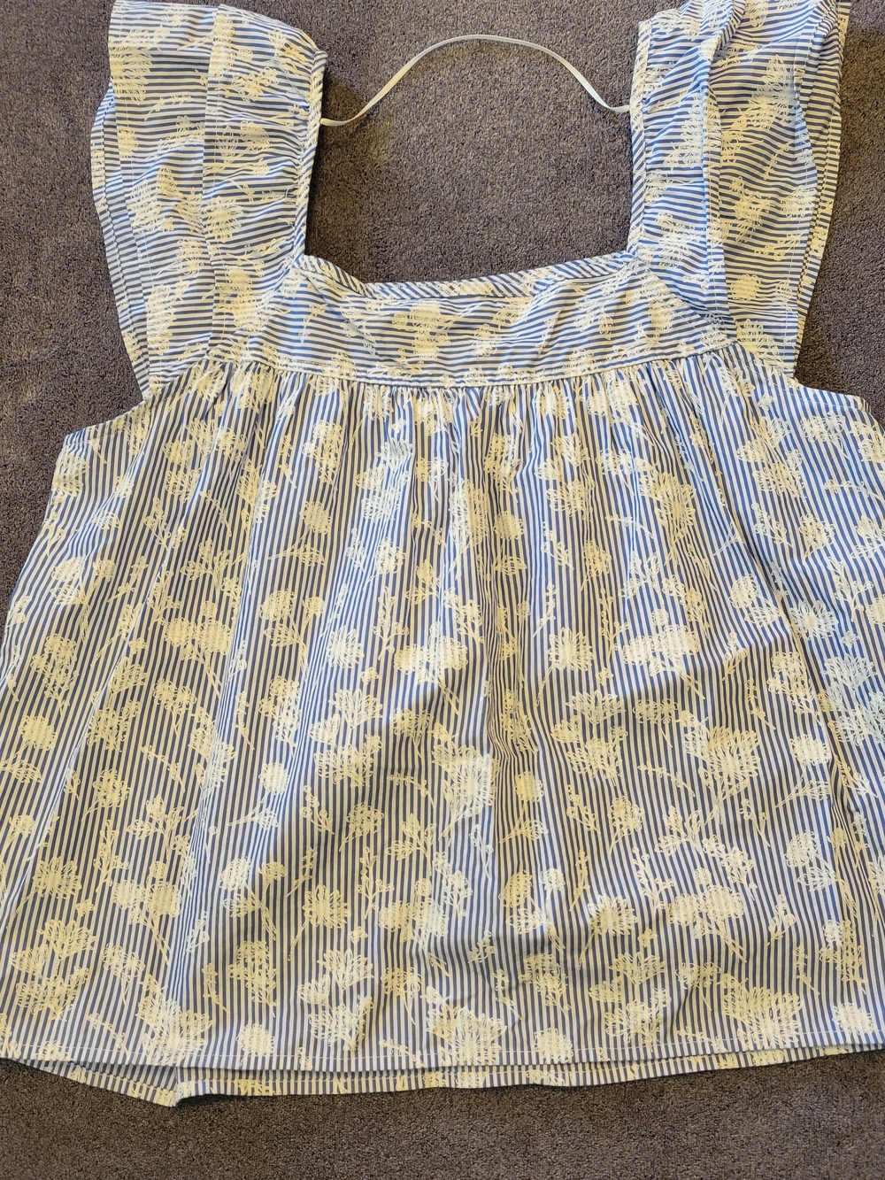 Liverpool Blue & White Striped Floral Print Blouse With Ruffle Sleeve.